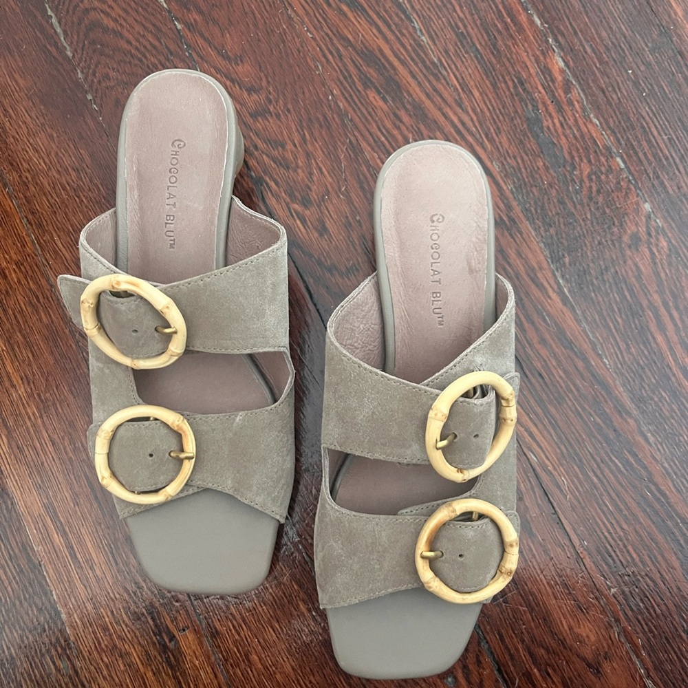 Chocolat Blu Taupe Suede Slide Sandals with Bamboo-Style Buckles